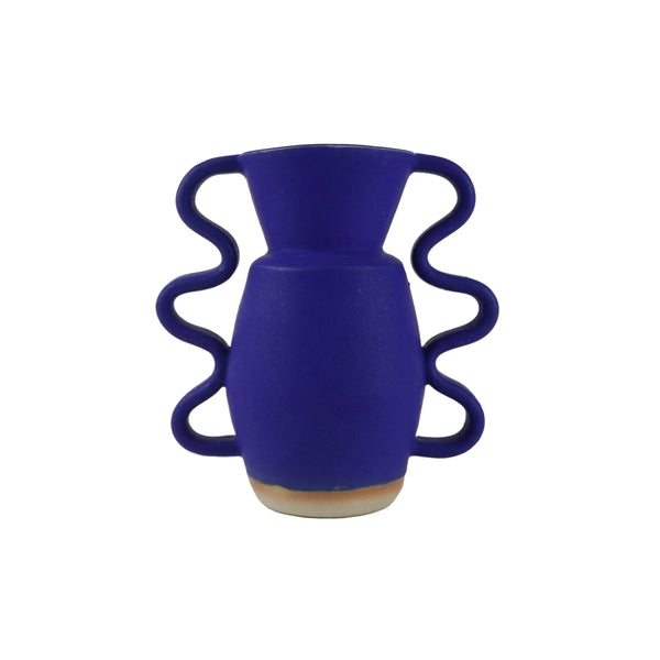 handmade stoneware vase with wiggled handles in both sides, hand painted in a mediterranean deep blue colour. Handmade by ceramicists Sophie Alda, available now at cuemars.com