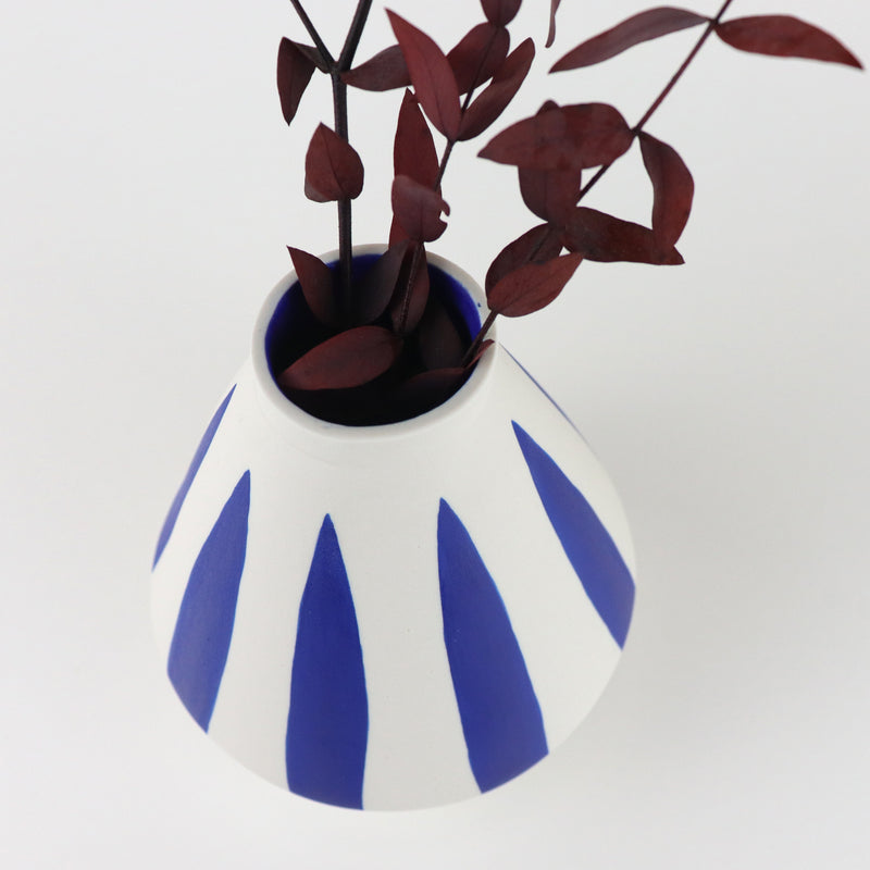 Blue striped porcelain diamond shape vase, handmade and handprinted by East London based ceramicist Sophie Alda, available at www.cuemars.com