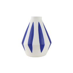 Blue striped porcelain diamond shape vase, handmade and handprinted by East London based ceramicist Sophie Alda, available at www.cuemars.com
