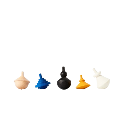 Wooden spinning tops in five different colours designed by Pat Kim, available at cuemars.com