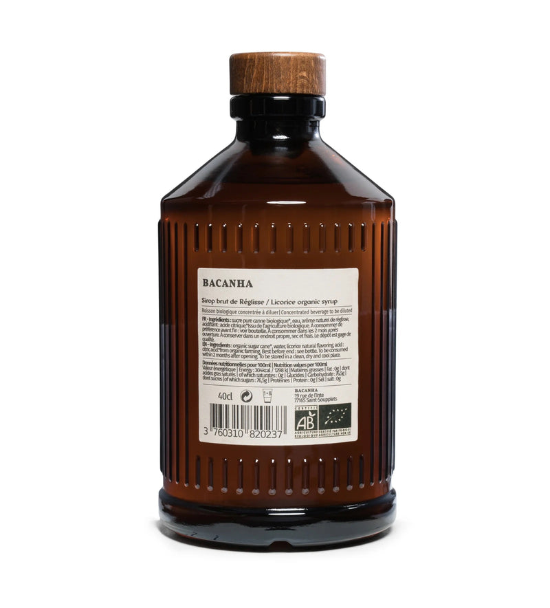 Amber bottle of organic liquorice syrup ideal for cocktails, by French company Bacanha, available at www.cuemars.com