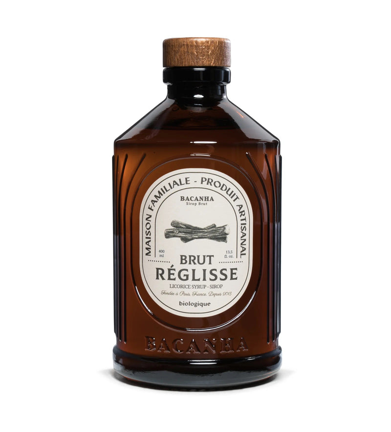 Amber bottle of organic liquorice syrup ideal for cocktails, by French company Bacanha, available at www.cuemars.com