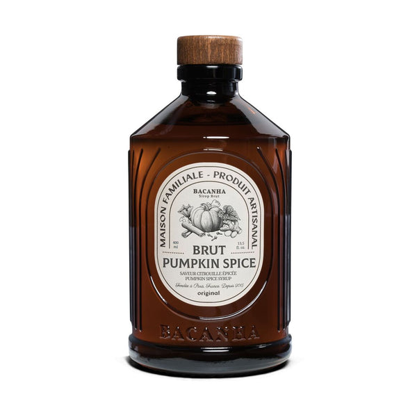 Amber glass bottle of Bacanha Pumpkin Spice syrup, available at www.cuemars.com
