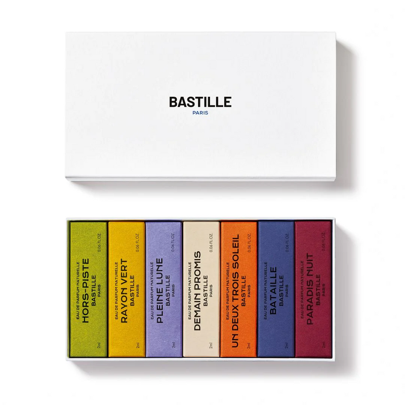 Bastille Paris discovery set of 7 vegan perfumes in vials of 2ml. Available at www.cuemars.com