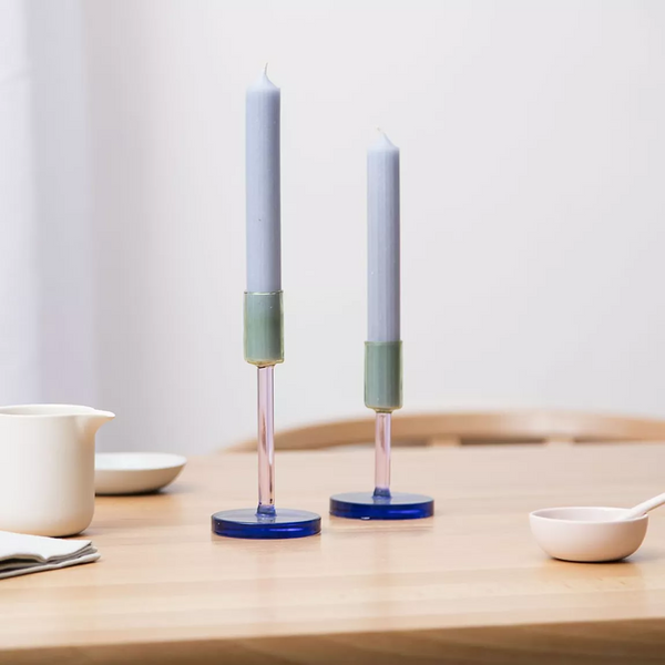 Pink and green glass candle holder by British homeware brand Block Design, available at www.cuemars.com