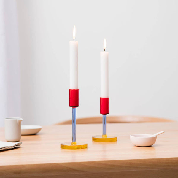 Red and blue glass candle holder by British homeware brand Block Design, available at www.cuemars.com