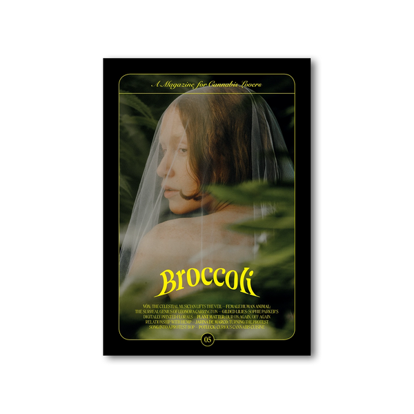 broccoli magazine cover of a female musician covered with a see-through veil surrounded by plants, magazine available at www.cuemars.com