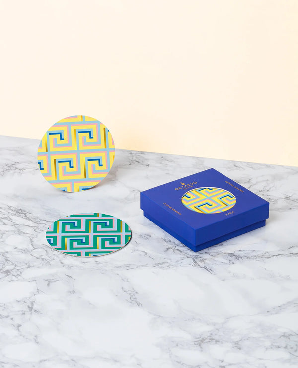 two colourful coasters inspired by Greek labyrinths designed by Spanish designer brand Octaevo and available at www.cuemars.com