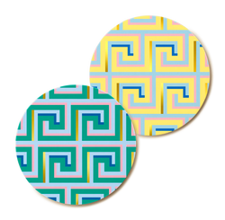 two colourful coasters inspired by Greek labyrinths designed by Spanish designer brand Octaevo and available at www.cuemars.com 