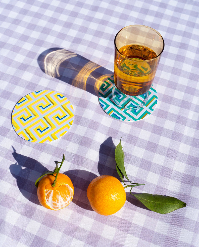 two colourful coasters inspired by Greek labyrinths designed by Spanish designer brand Octaevo and available at www.cuemars.com