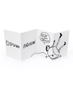 drunk again concertina greeting card by Scottish artist David Shrigley, available at www.cuemars.com