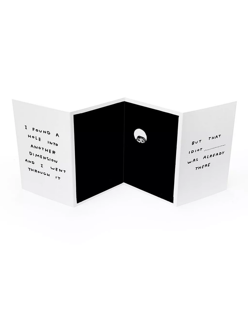Another dimension concertina greeting card by Scottish artist David Shrigley, available at www.cuemars.com