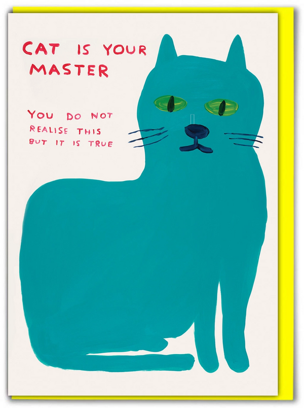 Cat is your master you do not realise this but it is true birthday card by David Shrigley, available at www.cuemars.com