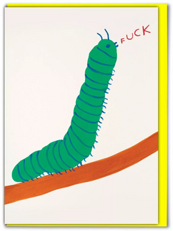 caterpillar saying fuck greeting card by Scottish artist David Shrigley, available at www.cuemars.com