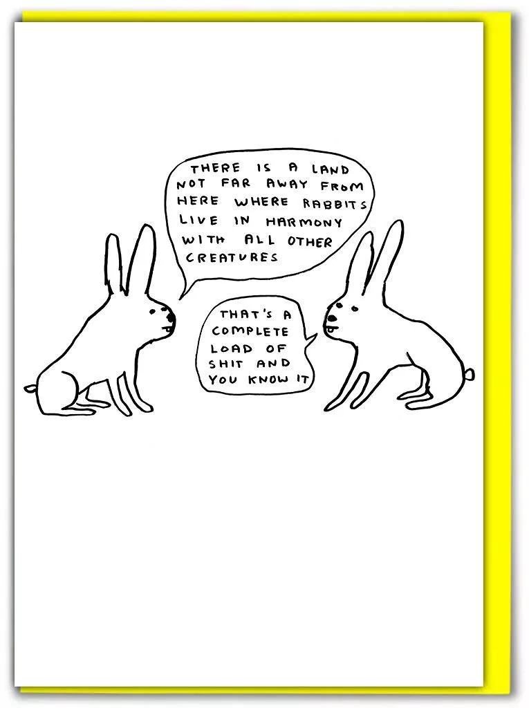 Live in harmony two talking rabbits greeting card by Scottish artist David Shrigley, available at www.cuemars.com
