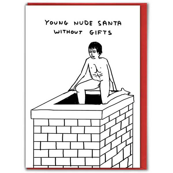 a naked young Santa by British artist David Shrigley, available at cuemars.com