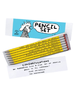 set of 7 pencils with a message from the manufacturer. Illustrated by David Shrigley
