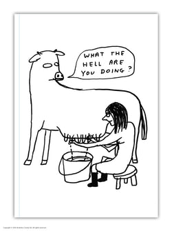 notebook by David shrigley with the typography what the hell are you doing? of a person milking a cow without its consent, available at www.cuemars.com