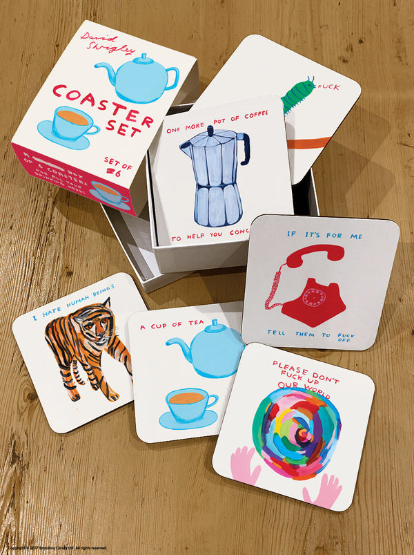 box of 6 coasters illustrated by David Shrigley, available at www.cuemars.com