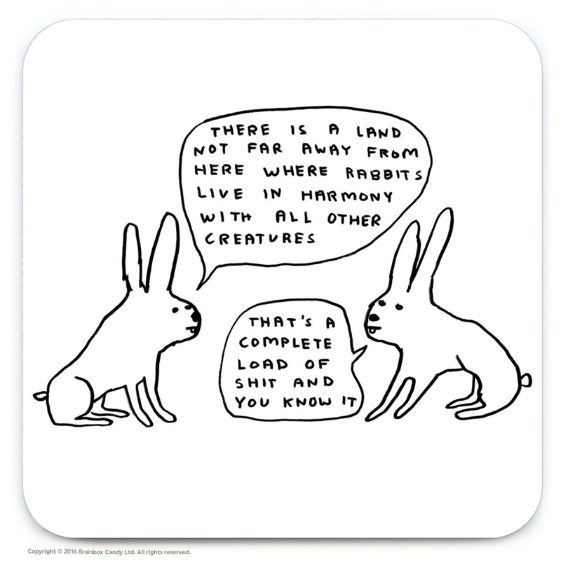 Funny coaster by David Shrigley featuring two talking rabbits, available at www.cuemars.com