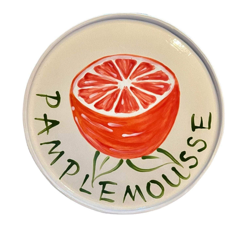 Handmade Platter with French typography Pamplemousse and a grapefruit drawing, by Harlie Brown, available at www.cuemars.com