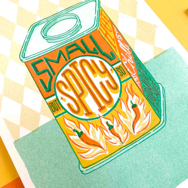 Colourful risograph print with typography Small but So spicy by British Illustrator Jacqueline Colley. Available at www.cuemars.com