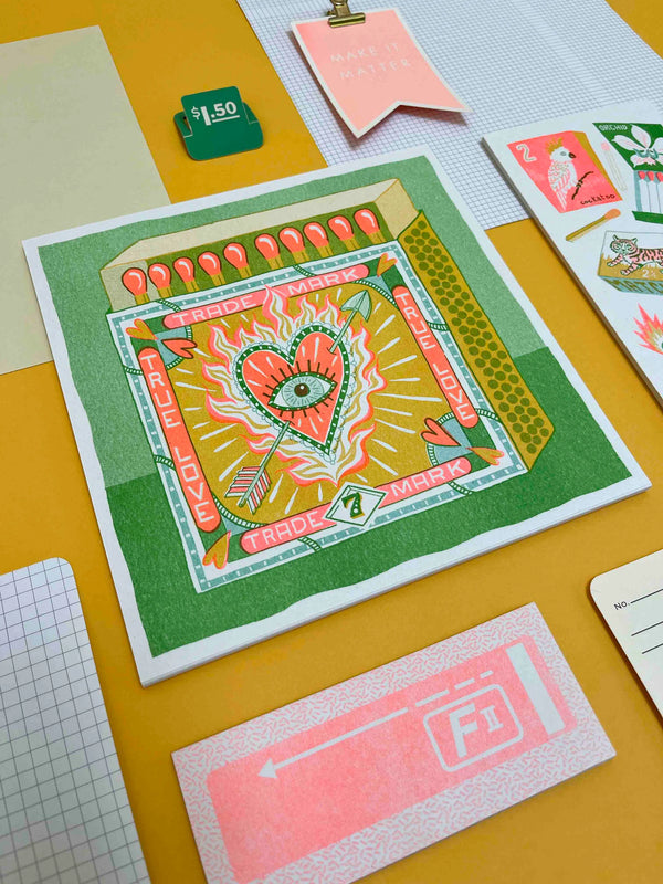 Colourful risograph print with typography Trade Mark True Love by British Illustrator Jacqueline Colley. Available at www.cuemars.com