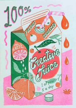 a green, pink and orange orange juice carton with the typography 100% Freshly Squeezed Creative Juice - 1 of your 5 a day by British illustrator Jacqueline Colley