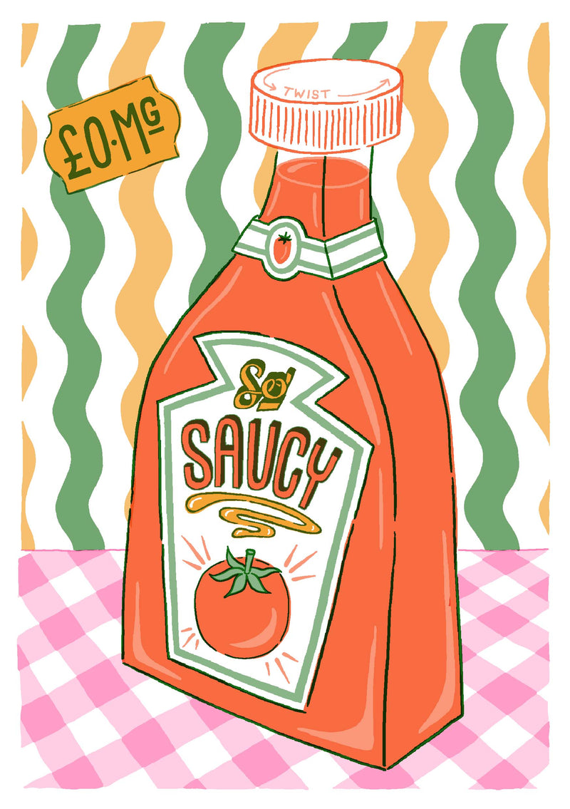 Colourful rise print with typography So Saucy by British illustrator Jacqueline Colley, available at www.cuemars.com