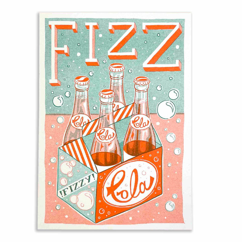 four bottles of vintage Fizzy Cola with the typography Fizz, illustrated by British artist Jacqueline Colley, available at www.cuemars.com