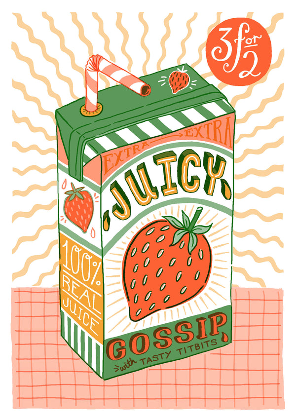 Colourful risograph print with typography Juicy Gossip with tasty titbits by British Illustrator Jacqueline Colley. Available at www.cuemars.com