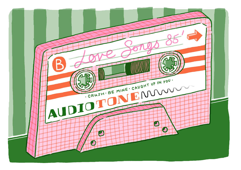 Fun and colourful mix tape risograph print with the typography Love Songs 85' Crush, Be Mine, Caught up in you, by British artists Jacqueline Colley. Available at www.cuemars.com