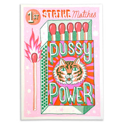 Matchbox with typography pussy power, illustrated by British artist Jacqueline Colley, available at www.cuemars.com