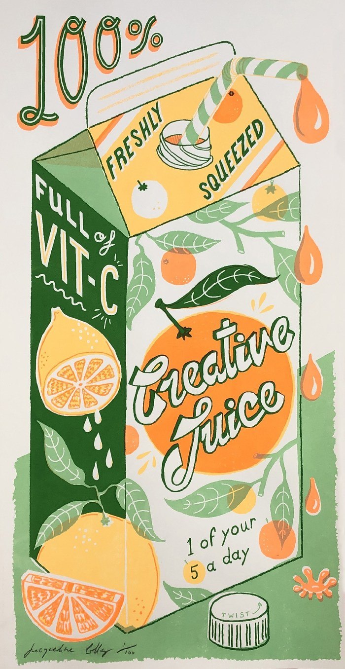 Colourful green and orange silk screen print with the typography Creative Juice, by Londoner Jacqueline Colley. Available at www.cuemars.com