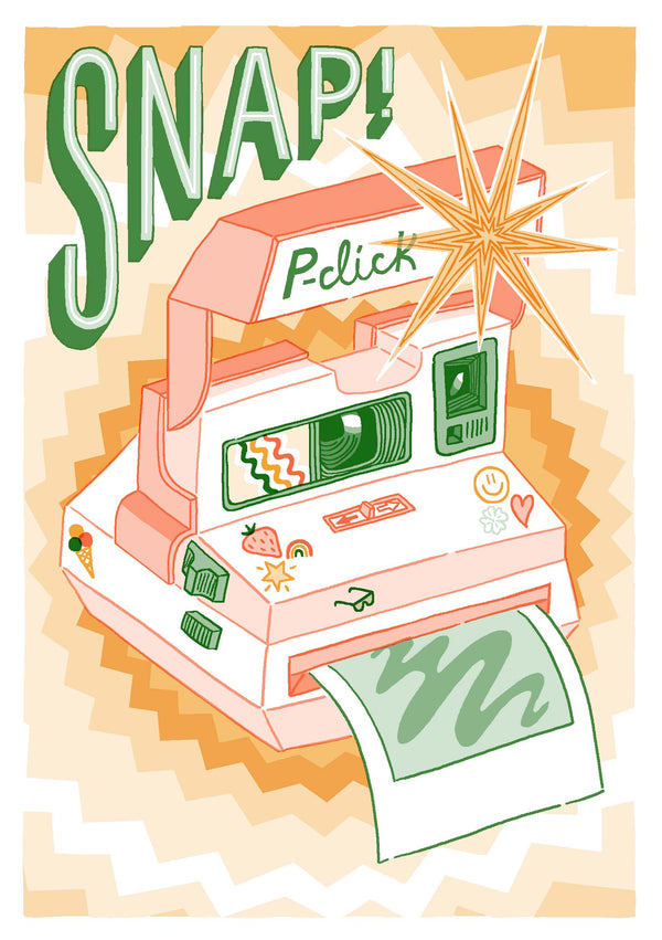 Retro instant camera in salmon, orange and green with typography Snap! by British illustrator Jacqueline Colley, available at www.cuemars.com
