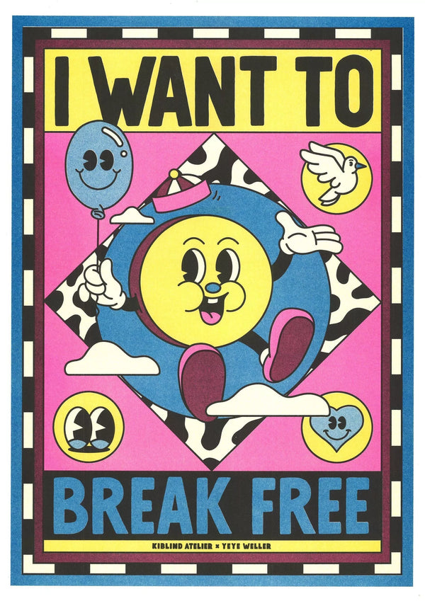 I want to break free smiley face riso print by Eye Weller for Kiblind. Available at www.cuemars.com