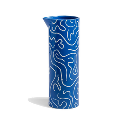 Porcelain water jug in blue with white doodling, available at www.cuemars.com
