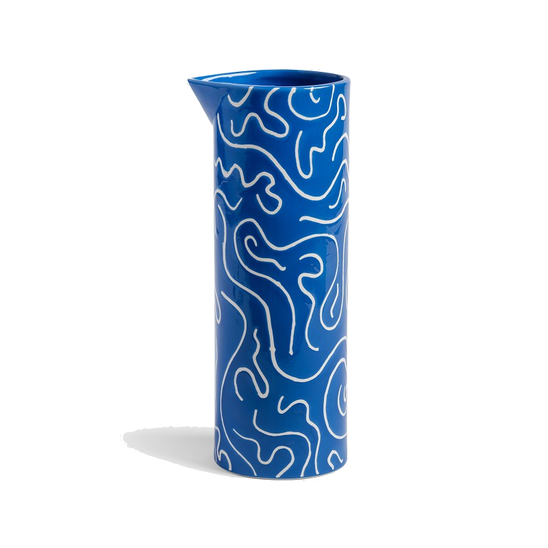 Porcelain water jug in blue with white doodling, available at www.cuemars.com