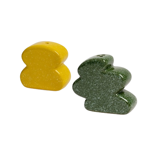 Yellow and Green abstract shaped salt and pepper shaker set, by Klevering. Available at cuemars