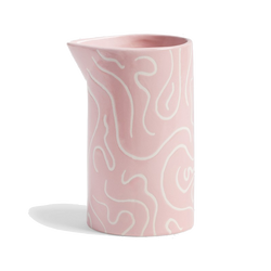 Porcelain pink water jug with white doodling, available at www.cuemars.com