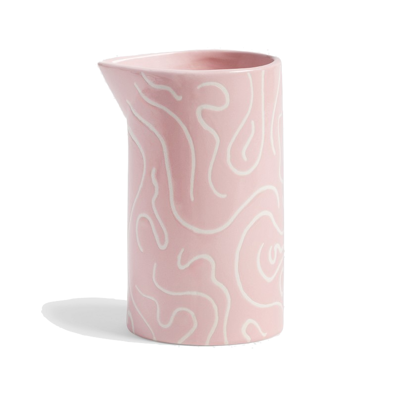 Porcelain pink water jug with white doodling, available at www.cuemars.com