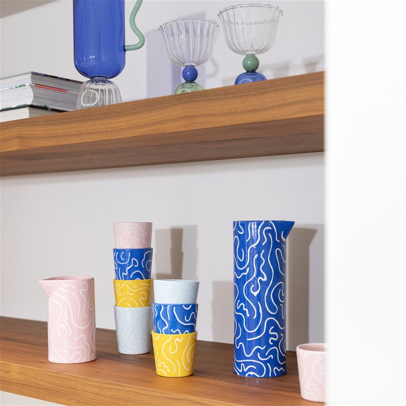 Porcelain pink water jug with white doodling, available at www.cuemars.com