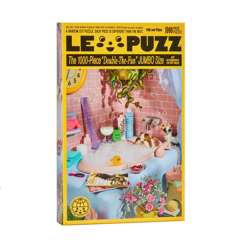 Le Puzz Me-Ow Time puzzle box with colorful retro cat illustrations
