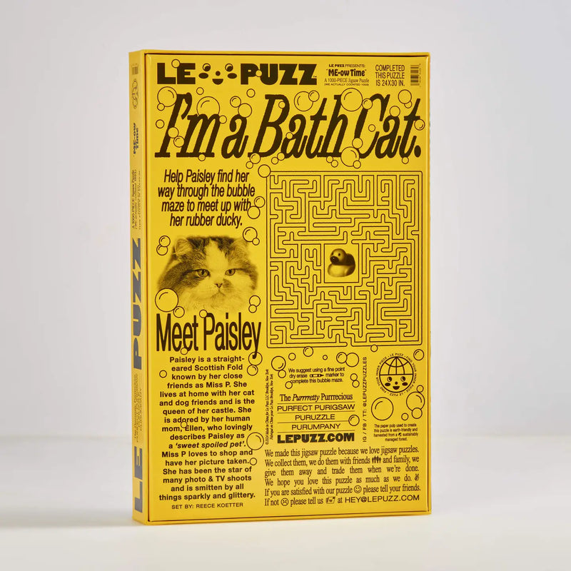 Le Puzz Me-Ow Time puzzle box with colorful retro cat illustrations