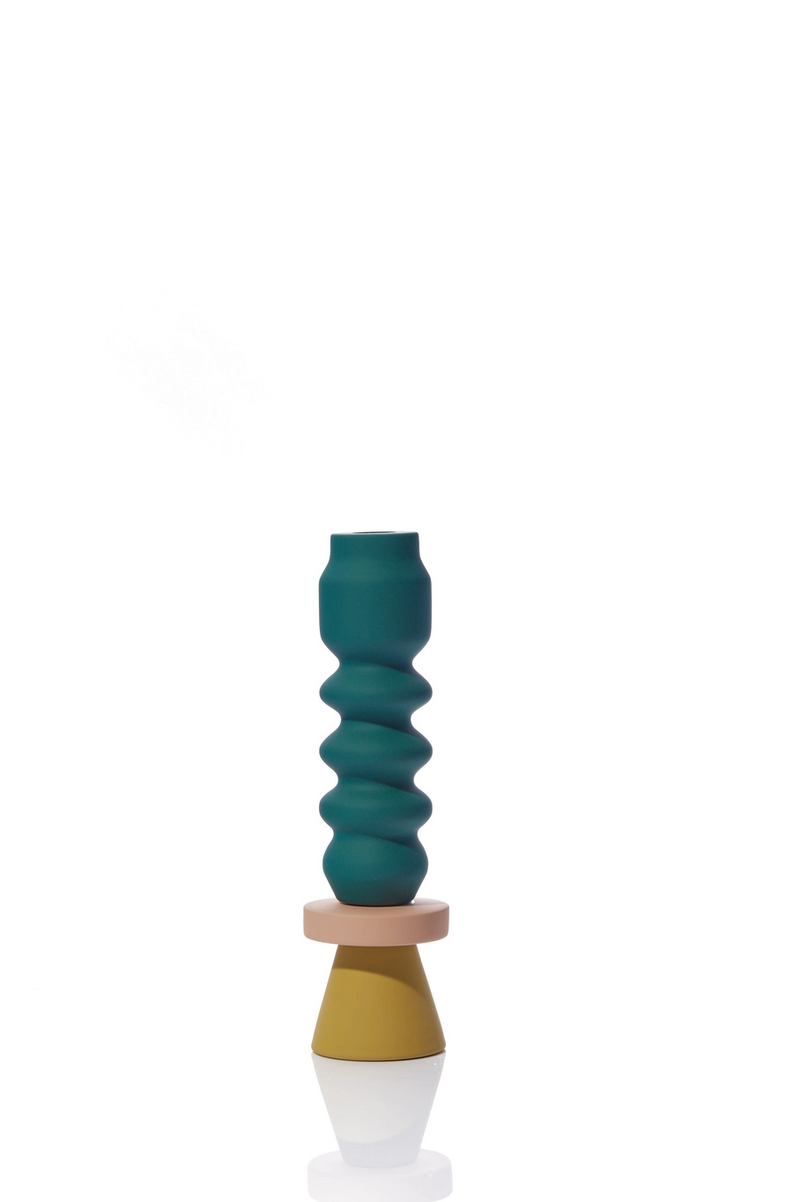 Green and ochre ceramic tall candle holder, designed by British brand Maegen. Available at www.cuemars.com