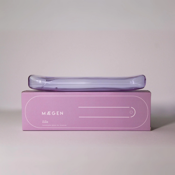 Lavender handmade glass incense holder by British brand Maegen, inspired by an inflatable lily, available at www.cuemars.com
