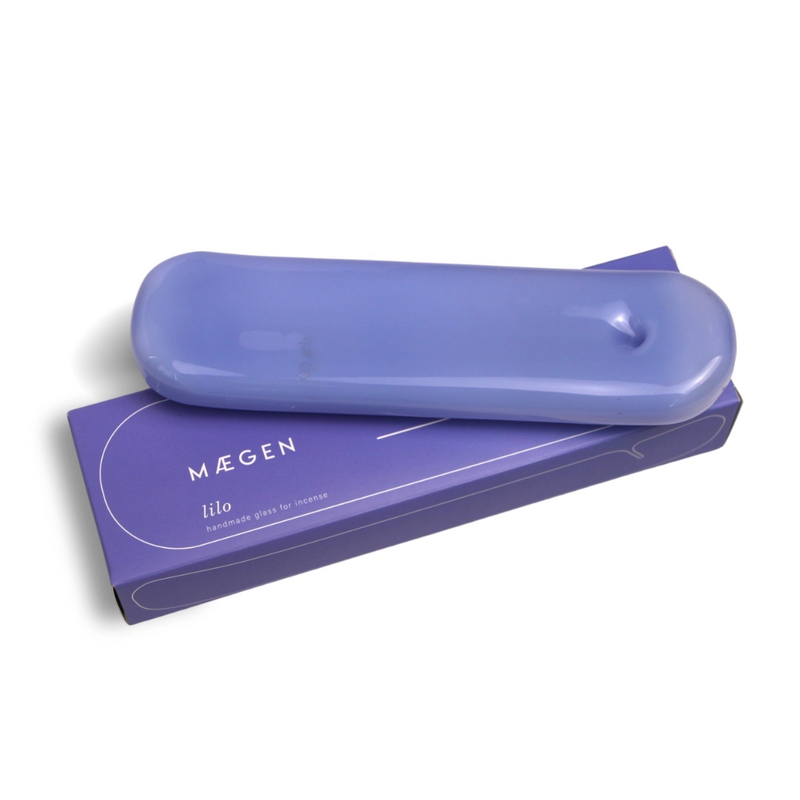 Milky blue handmade glass incense holder by British brand Maegen, inspired by an inflatable lily, available at www.cuemars.com