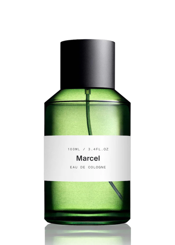 Bottle of vegan eau de cologne Marcel by French company MarieJeanne, available at www.cuemars.com