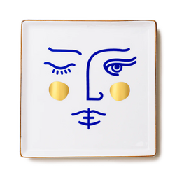 Godess Janus printed on a ceramic tray in a mediterranean blu and gold, designed by Octaevo in Barcelona, sold by www.cuemars.com in London