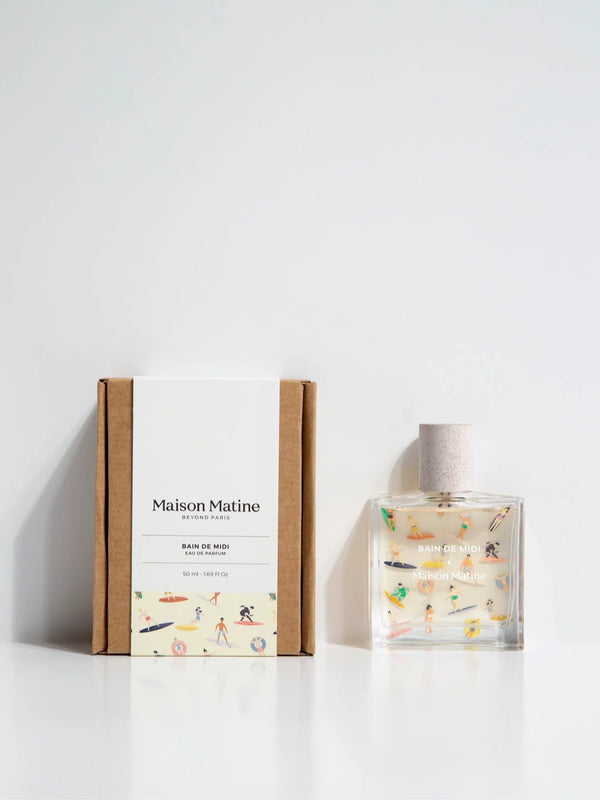 Bottle of perfume with colourful graphics by Maison Matine available at www.cuemars.com